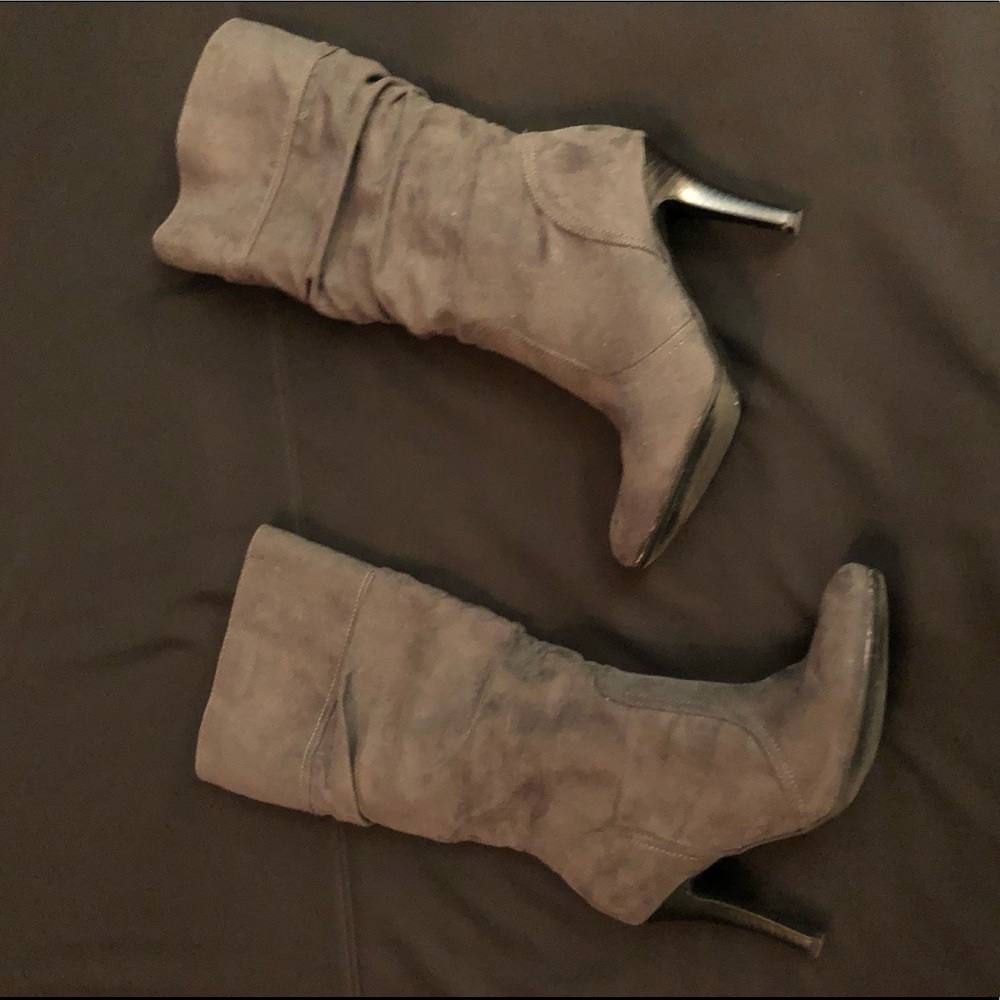 Gray calf high boots 3.5” heel